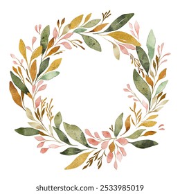 Vector watercolor floral wreath with golden elements. Wreath for wedding invitations, banners, decorative elements