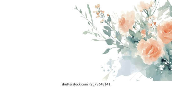 Vector watercolor flower border banner. Spring roses flower frame with leaves, yellow grass flowers. Cards, invitations, decorative border wreath. Wedding, mother's day, valentine's day,Women's Day