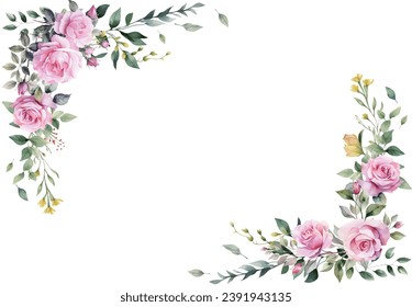 Vector watercolor flower border. Spring pink rose flower frame with leaves, pink roses, yellow grass flowers. Cards, invitations, decorative border wreath. Wedding, mother's day, valentine's day	
