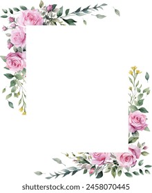 Vector watercolor flower border. Spring pink roses flower frame with leaves, yellow grass flowers. Cards, invitations, decorative border wreath. Wedding, mother's day, valentine's day,Women's Day