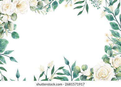 Vector watercolor flower border. Spring rose flower frame with leaves,  roses flowers. Cards, invitations, decorative border wreath. Wedding, mother's day, Valentine's Day sale