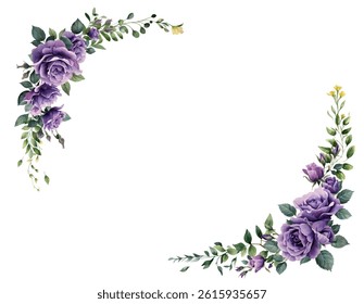 Vector watercolor flower border.Spring purple roses flower frame with leaves,yellow grass flowers. Cards,invitations,decorative border wreath.Wedding, mother's day,valentine's day,Women's Day,friendly