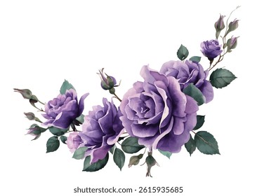 Vector watercolor flower border.Spring purple roses flower frame with leaves, Cards,invitations,decorative border wreath.Wedding, mother's day,valentine's day,Women's Day,friendly