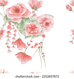 Vector watercolor flower continuous, seamless watercolor flower, floral pattern, flowing repeat pattern, pink and red floral