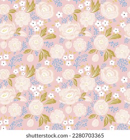 Vector watercolor flower continuous, seamless watercolor flower, floral pattern, smooth repeating pattern, beige flower and green leaves.