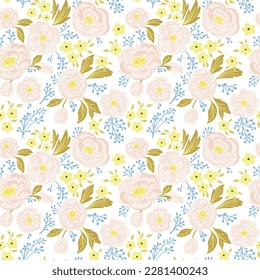 Vector watercolor flower continuous, seamless watercolor flower, floral pattern, smooth repeating pattern, beige flower and green leaves on a light background.