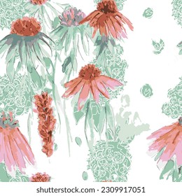Vector watercolor flower continuous, seamless watercolor flower, floral pattern, flowing repeat pattern, pink and red floral