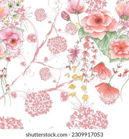 Flor de acuarela vectorial continua, flor acuarela sin fisuras, patrón floral, patrón de repetición fluido, floral rosa y roja