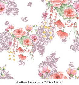 Vector watercolor flower continuous, seamless watercolor flower, floral pattern, flowing repeat pattern, pink and red floral