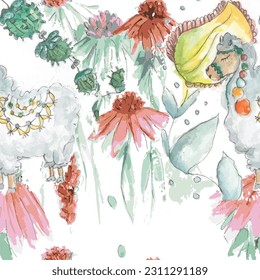 Vektor Aquarell Blüte durchgehend, nahtlose Aquarellblume, Blumenmuster, fließendes Muster, rosa und rote Blumen