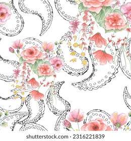 Vector watercolor flower continuous, seamless watercolor flower, floral pattern, flowing repeat pattern, pink and red floral