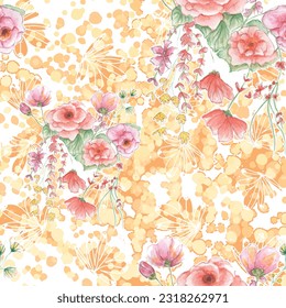 Vector watercolor flower continuous, seamless watercolor flower, floral pattern, flowing repeat pattern, pink and red floral