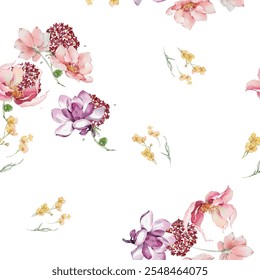 Vector watercolor flower continuous, seamless watercolor flower, floral pattern, flowing repeat pattern, pink and red floral design.