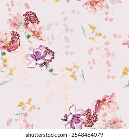 Vector watercolor flower continuous, seamless watercolor flower, floral pattern, flowing repeat pattern, pink and red floral design.