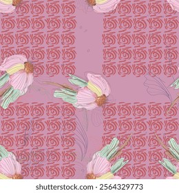 Vector watercolor flower continuous, seamless watercolor flower, floral pattern, flowing repeat pattern, pink and red floral for textile, fashion, fabric, scarf, pattern. 