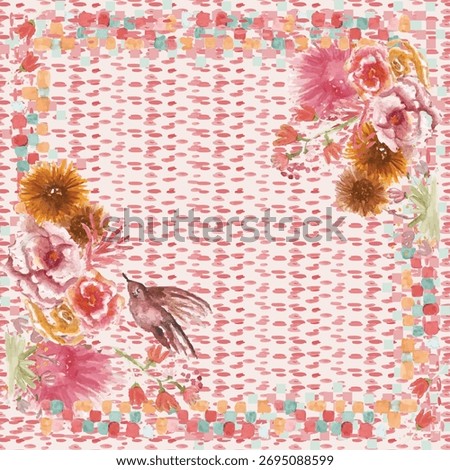 Vector watercolor flower continuous, seamless watercolor flower, floral pattern, flowing repeat pattern, pink and red floral