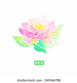 Vector watercolor flower with leaves close up