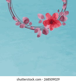 Vector watercolor flower on a turquoise background. Flower frame. Flowers arranged in the shape of a wreath