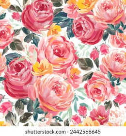 Vector Watercolor Flower Pattern, Seamless Pattern, Rose