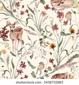 Vector Watercolor Flower Pattern, Wildflower Seamless Patter, Meadow, Forest Animals