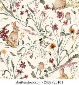 Vector Watercolor Flower Pattern, Wildflower Seamless Patter, Meadow, Forest Animals