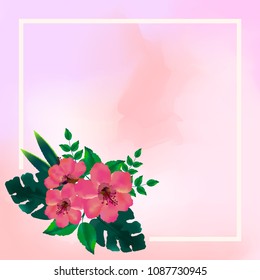 Vector watercolor flower. Pink pastel color. Copy space