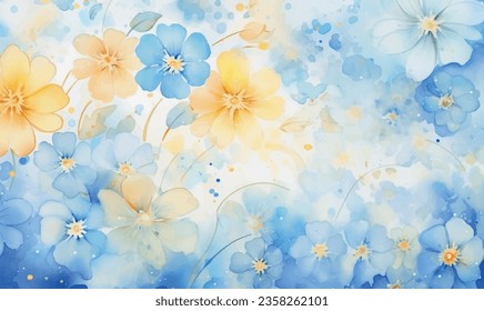 Vector watercolor flowers, blue and yellow, background