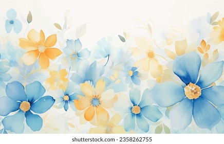 Vector watercolor flowers, blue and yellow, background