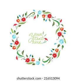 vector watercolor flowers circle frame. It can be used for invitation, card, postcard, cover.