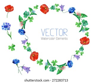 Vector watercolor flowers and elements. Artistic floral summer spring floral design.