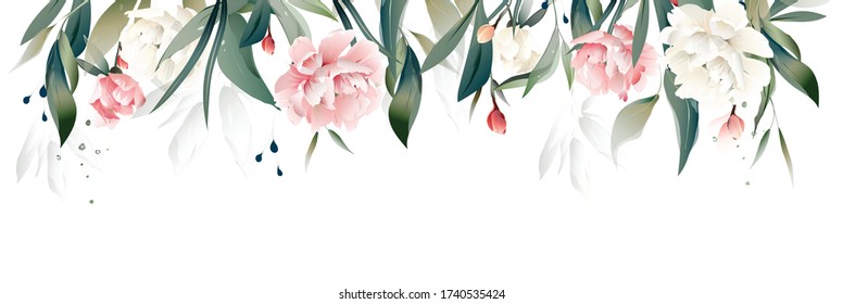 vector watercolor flowers. floral illustration, Leaf and buds peony. Botanical composition for wedding or greeting card. Border, branch of flowers - peonies