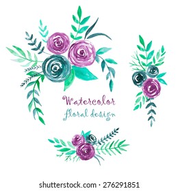 Vector watercolor flowers and leaves.