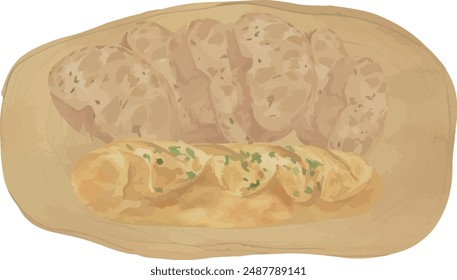 Vector Watercolor food, bakery, bread, pieces of bread on board. Illustrations for creative cooking, invitation, greeting cards, birthday, event, holiday, menu; cooking class; Master Class.