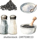 Vector Watercolor food, clipart, ingredients. Spices, pile of black pepper, coarse salt, salt shaker, pepper shaker. Illustrations for creative cooking, invitation, greeting cards, birthday, event.