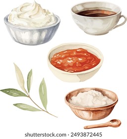 Vector Watercolor food, clipart, ingredients. Spices, tomato sauce, sour cream, soy sauce. Illustrations for creative cooking, invitation, greeting cards, birthday, event, holiday, menu; Master Class 