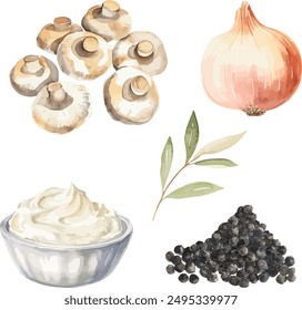 Vector Watercolor food, clipart, ingredients. Mushrooms, onion, sour cream, black pepper, olive branch. Illustrations for creative cooking, invitation, greeting cards, birthday, event, holiday, menu.