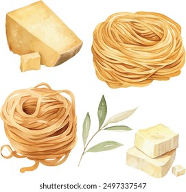 Vector Watercolor food, clipart, ingredients. Spaghetti, pasta, cheese, parmesan, camembert, olive branch. Illustrations for creative cooking, invitation, greeting cards, birthday, event, holiday.