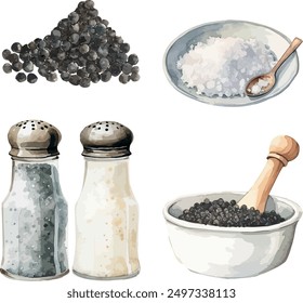 Vector Watercolor food, clipart, ingredients. Spices, pile of black pepper, coarse salt, salt shaker, pepper shaker. Illustrations for creative cooking, invitation, greeting cards, birthday, event.