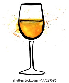 A vector and watercolor freehand drawing of a glass of white wine with splashes of paint, on white background
