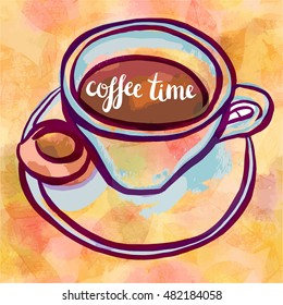 A vector and watercolor freehand sketch of a cup of black coffee with a biscuit, on the background of faded golden colored skeleton leaves, with the words coffee time in hand lettering