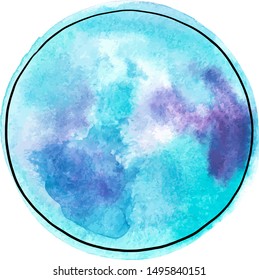 Vector and watercolor full moon drawing in teal blue, an abstract background texture