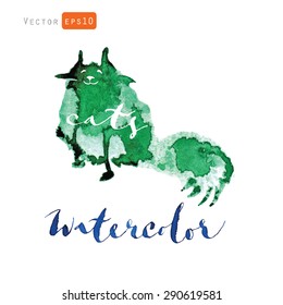 Vector Watercolor funny cat isolated on white background