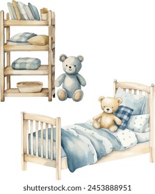 Vector watercolor furniture. Comfort, design. Wooden baby bed, teddy bear, rack, shelf. Clipart for design greeting card, baby shower, invitation, birthday, party, post card, celebration, event.