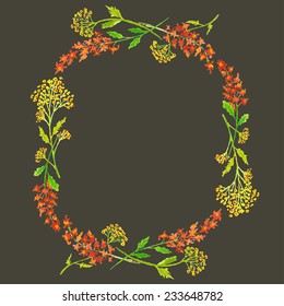 Vector watercolor garland frame made with red and yellow flowers