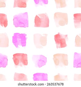 Vector watercolor geometric seamless pattern. Square shapes in pale red, orange and pink color.
