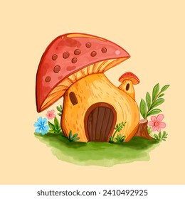 vector watercolor giant mushroom cartoon illustration 