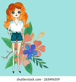 vector watercolor girl with flowers