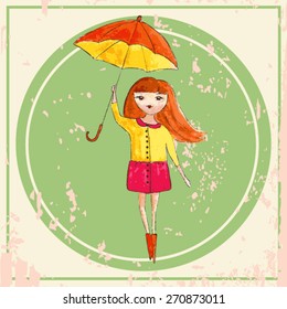 vector watercolor girl with umbrella