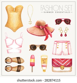 Vector watercolor glamorous fashion set of woman's summer clothes and accessories. Vintage hand drawn beach outfit with shorts, top, hat and swimsuit