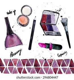 Vector watercolor Glamorous makeup set of  cosmetics with nail polish and lipstick.Creative design for card, web design background, book cover.